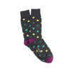 Charcoal socks with colourful polka dots on a white background