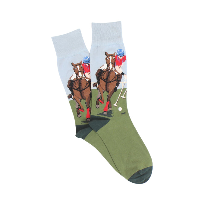 Socks with horse and jockey design photographed on a white background