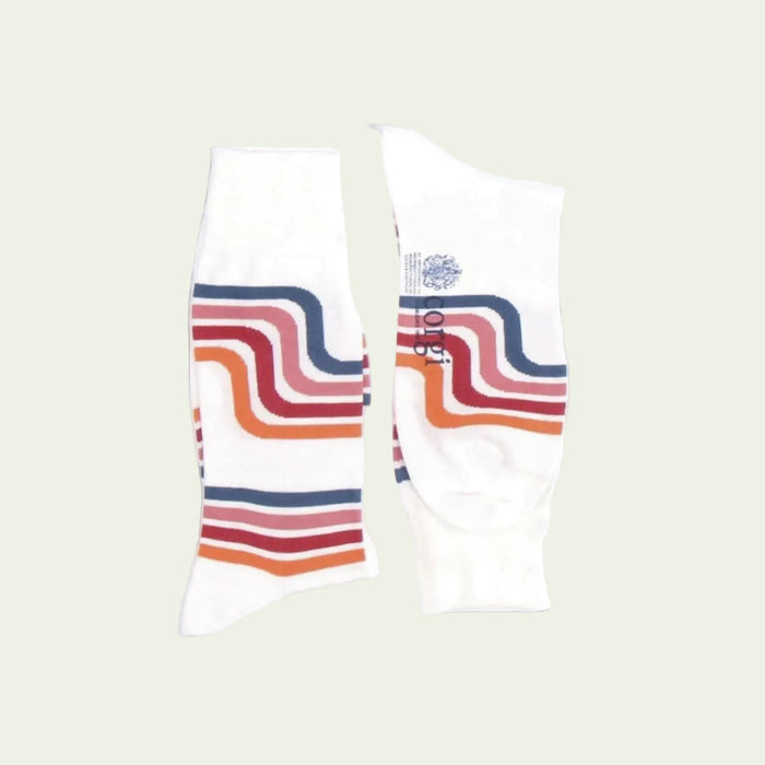 White sock with colorful wavy pattern on a white background