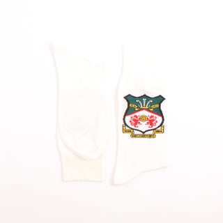 White socks with a colourful logo on a white background