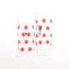White socks with red dragon patterns and a visible brand logo on a white background