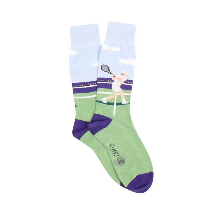 Green sock with a tennis player design on a white background