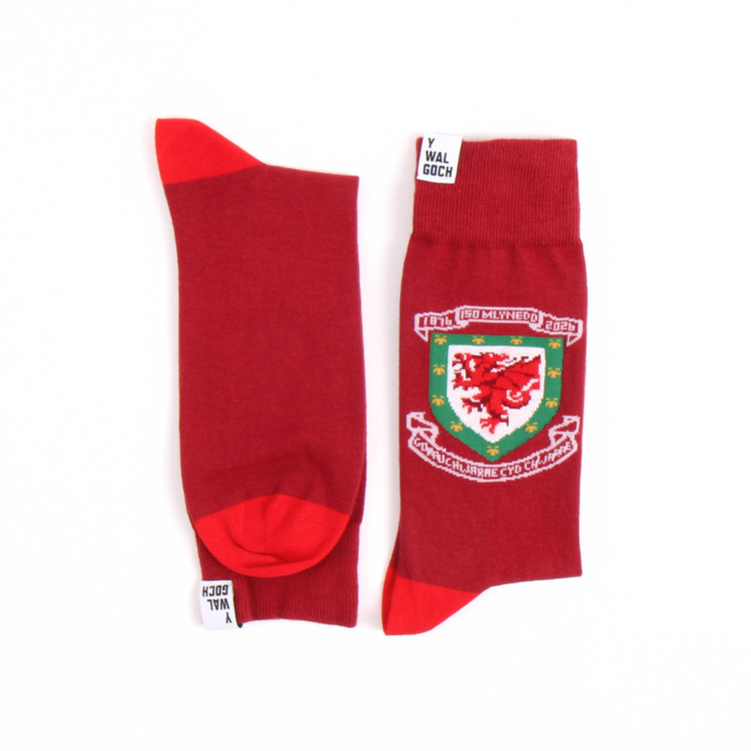 Red socks with a logo on a white background