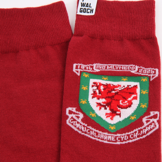 Red socks with a knitted emblem featuring a red dragon on a green background, with 'Wal Goch' branding.