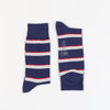 Pair of blue socks with red and white stripes on a white background