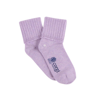 Pair of lavender socks with a brand logo on a white background