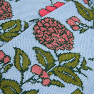Close-up of a fabric with pink floral and green leaf pattern on a light blue background