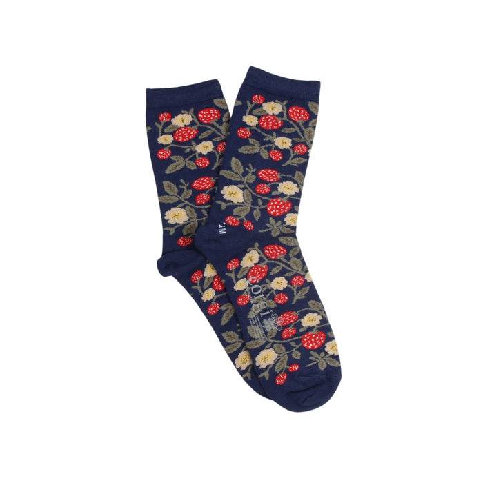 Navy blue socks with floral pattern on a white background