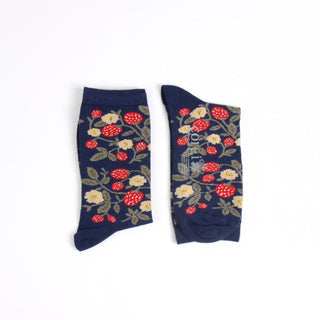 Navy socks with red and white floral pattern on a white background