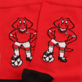 Red socks with a cartoon character dragon playing soccer on a red background