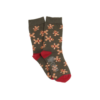 Pair of socks with gingerbread man pattern on a white background
