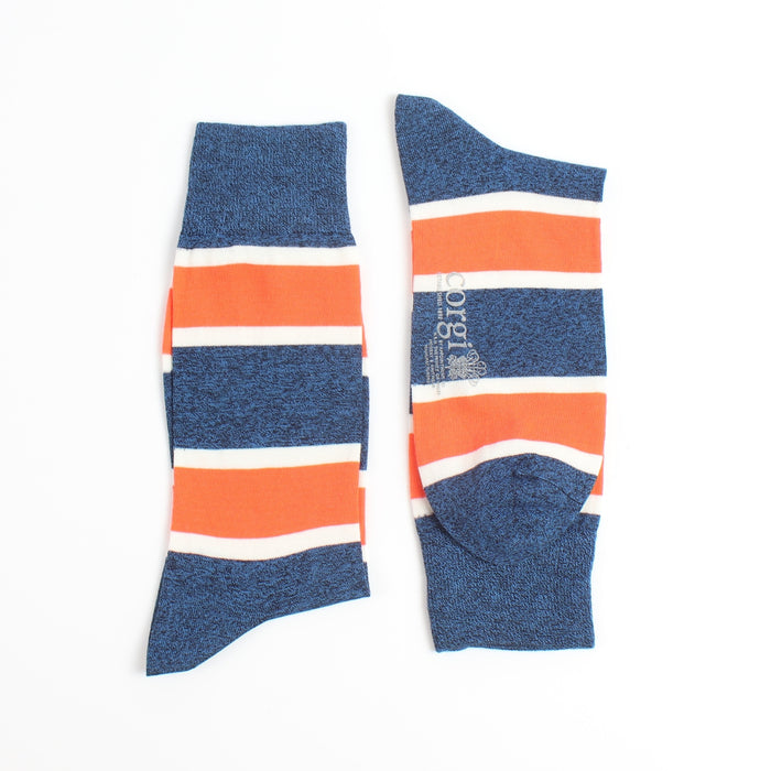 Pair of blue and orange striped socks on a white background