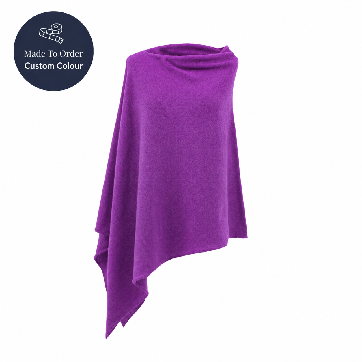 Purple fabric draped over a white background with 'Made to Order Custom Colour' label.