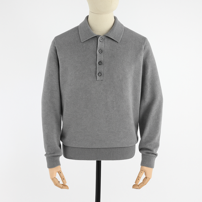 Gray sweater with button collar on a mannequin against a white background
