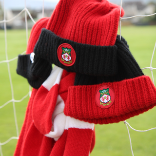 Red and black knit hat with a logo,  on a football field.