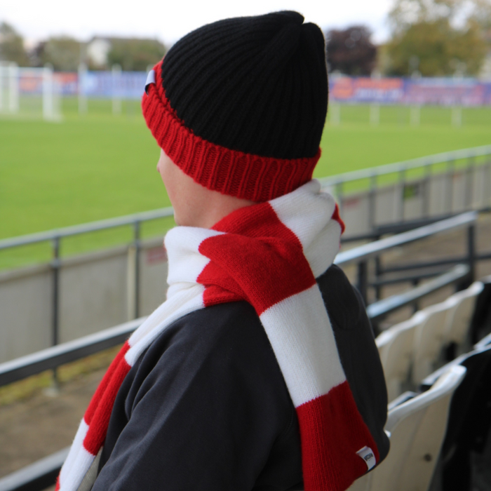 Person wearing a black beanie and red and white scarf at a sports stadium.