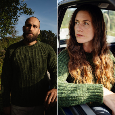 Two people wearing green sweaters, one outdoors and one inside a vehicle.