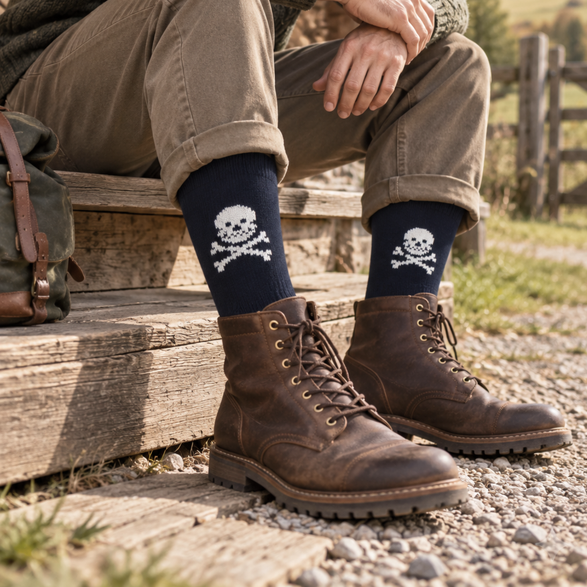 A person sitting on rustic wooden steps outdoors, wearing dark brown leather lace-up boots and navy blue crew socks with a white skull and crossbones pattern.