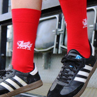 Red socks with a white dragon worn with black Adidas sneakers on a blurred background
