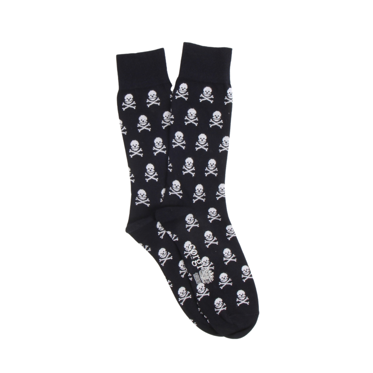 A pair of navy crew socks with an all-over white skull and crossbones pattern, featuring a small white graphic on the toe area, displayed against a solid white background.
