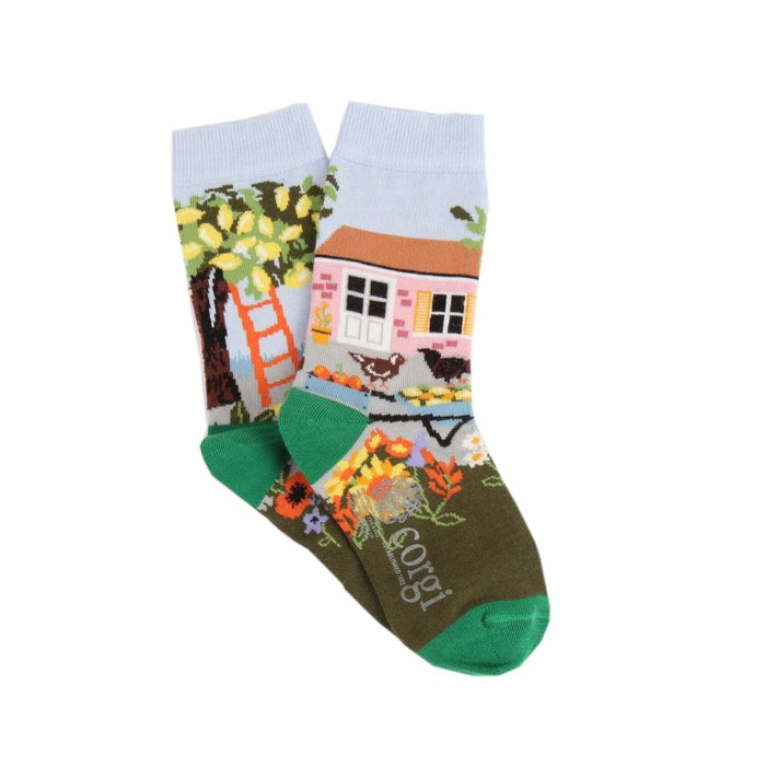 Colourful socks with a house and garden design on a white background