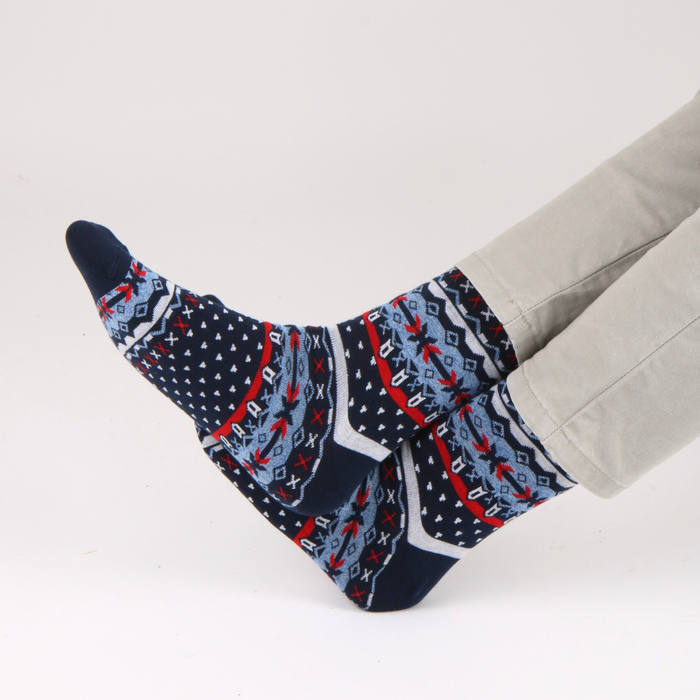Fair Isle socks in navy white and red.