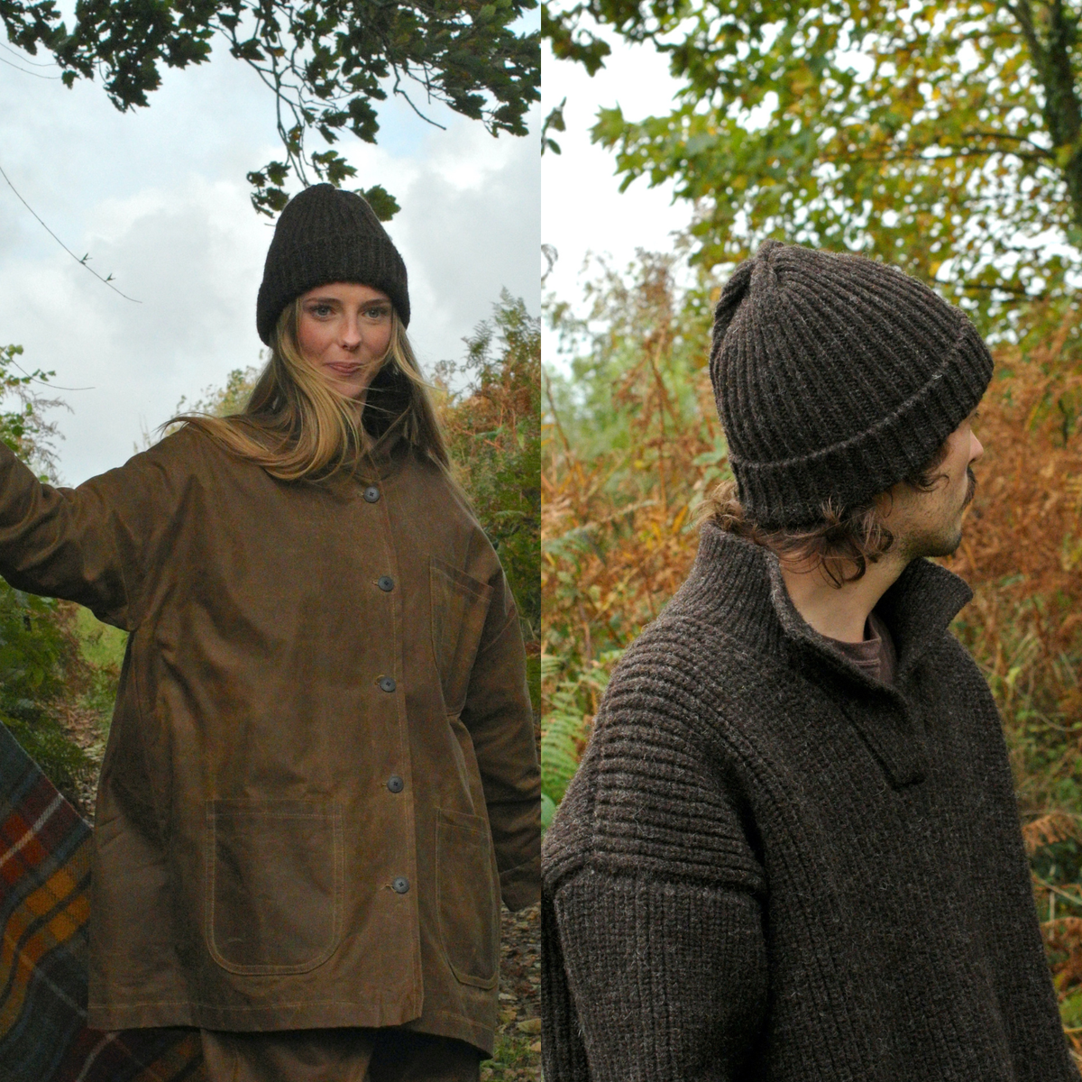 A split-screen lifestyle image showing two models outdoors wearing dark brown knit beanies and heavy brown outerwear. The left model wears a brown corduroy-style jacket with blue buttons, and the right model wears a dark brown ribbed knit sweater and beanie.