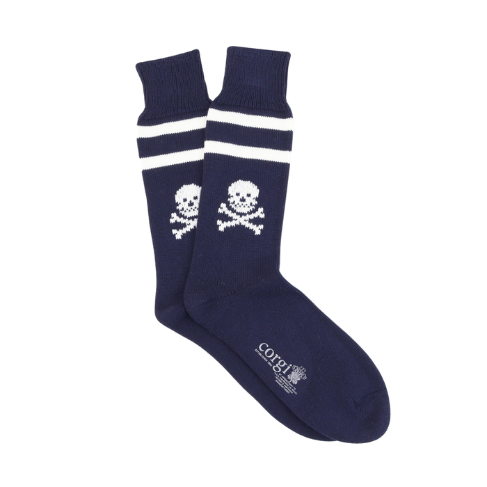Navy blue socks with white skull and crossbones design on a white background