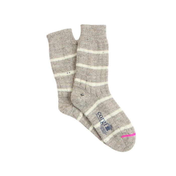 A pair of gray striped women's socks with a ribbed style and pink detailing on the toe.