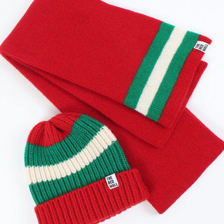 Red, green, and white striped hat and scarf set on a white background