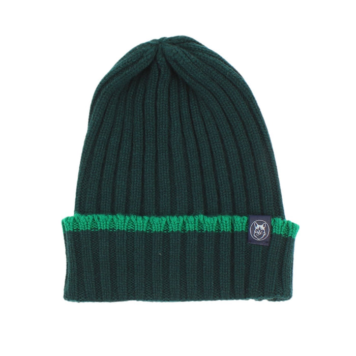 Green ribbed cashmere hat with a contrasting tip colour on its turn up brim