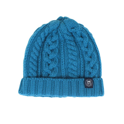 blue cable wool beanie