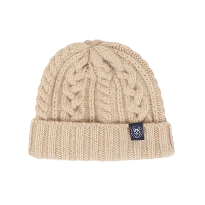 beige cable wool beanie