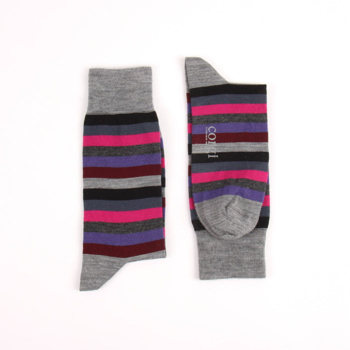 Pair of striped socks with gray cuffs on a white background