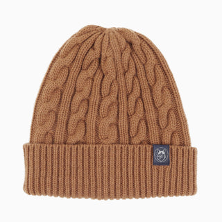 men's cable beanie in colour brown sugar.