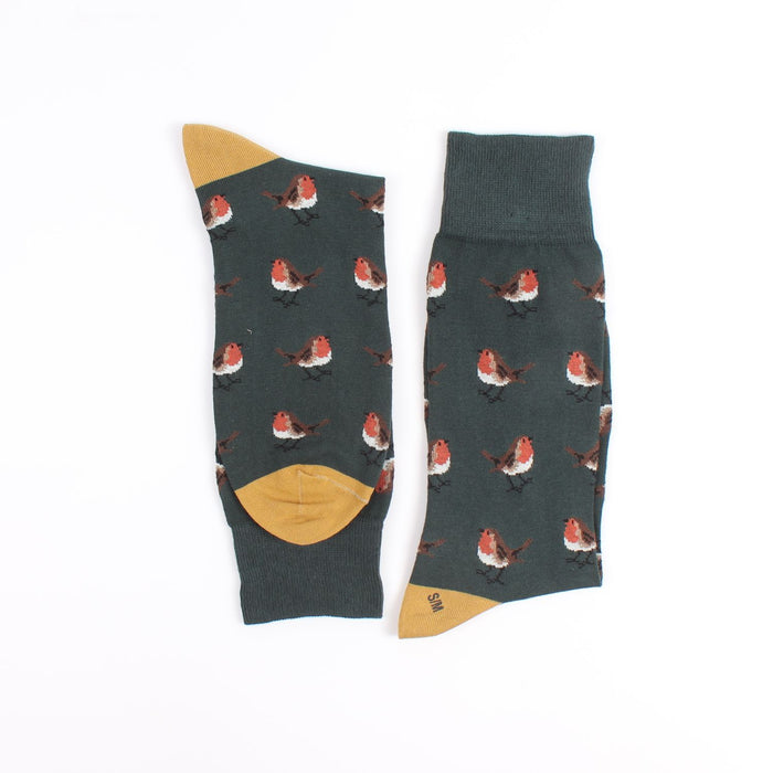 A pair of men's socks with a Christmas-themed design featuring a robin