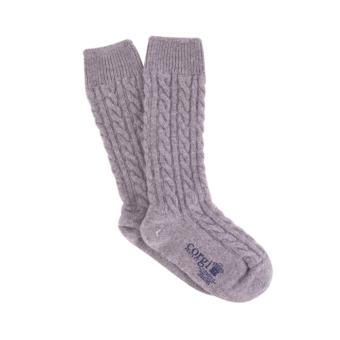 A pair of grey cashmere socks with a cable knit pattern, displayed against a white background.