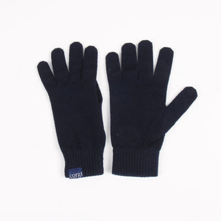 Pair of black gloves with a visible brand label on a white background