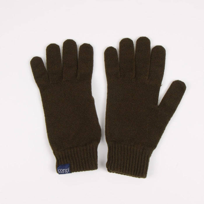 Pair of brown gloves with a visible brand label on a white background