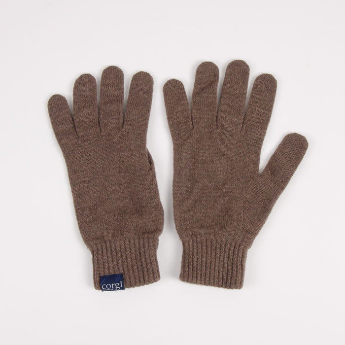 Pair of brown gloves with a visible brand logo on a white background