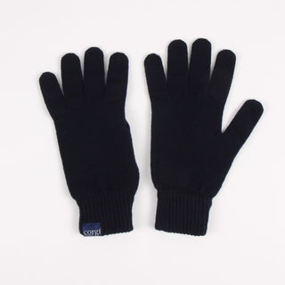 Pair of black gloves with a visible brand logo on a white background