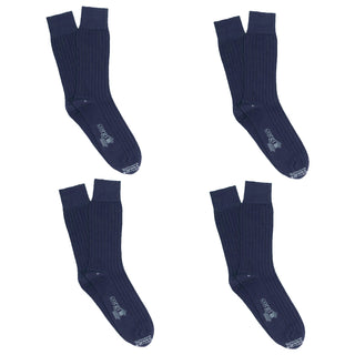 Four pairs of navy blue socks with a logo on a white background