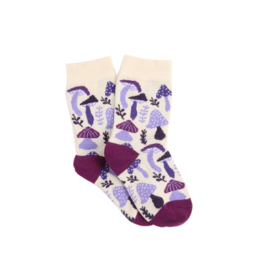Pair of socks with purple mushroom pattern on a white background