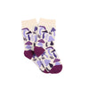 Pair of socks with purple mushroom pattern on a white background