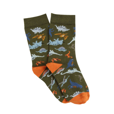 Pair of socks with dinosaur pattern on a white background