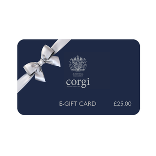 Corgi e-gift card with a blue background and white bow on a white background