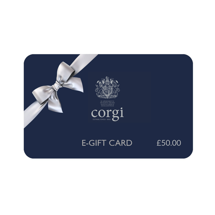 Corgi e-gift card with a blue background, white bow, and £50.00 value.