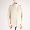 White ribbed knit cardigan on a mannequin against a white background