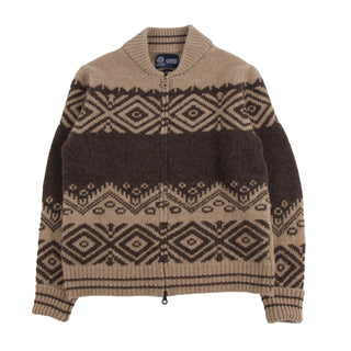 Brown and beige patterned bomber jacket on a white background