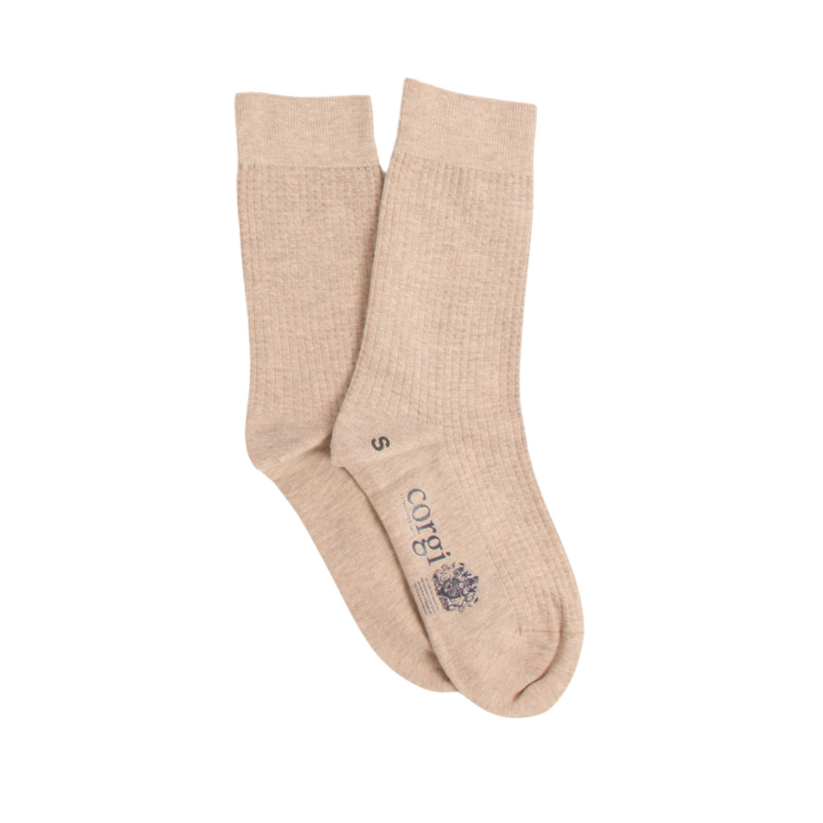A pair of light beige crew socks with a small navy blue 'corgi' logo printed on the side, displayed against a solid white background.